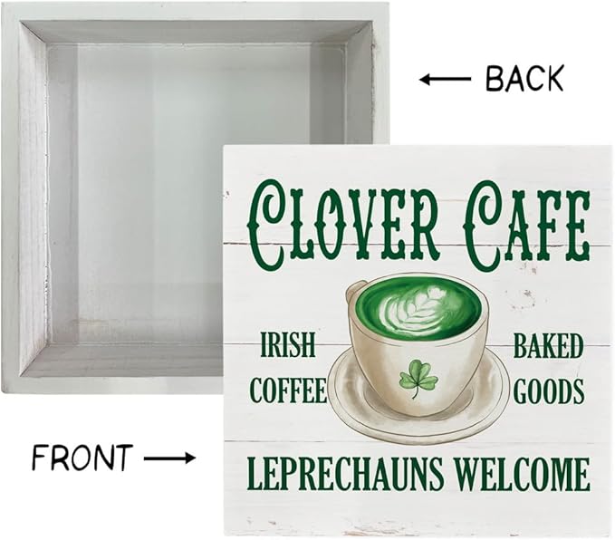 St. Patrick's Day Decor, Wooden Box Sign Desk Decor, White Wood Box Sign, Irish Home Decor, Kitchen Decor for Shelf, Farmhouse Wood Sign, Decor for Cafe Coffee Station, Clover Cafe Irish Coffee Sign