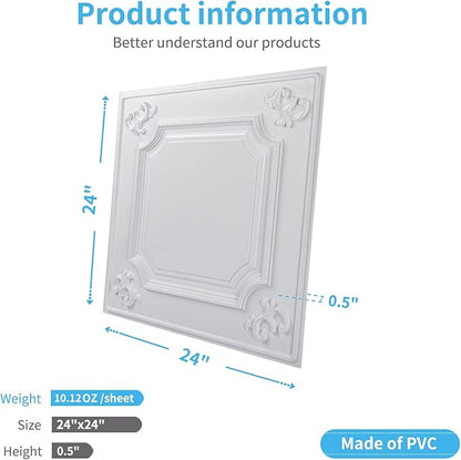 Art3d Drop Ceiling Tiles 24x24 in White (24-Pack, 96 Sq.ft), Wainscoting Panels Glue Up 2x2
