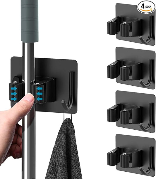 Mop Broom Holder No Drill, Mop Broom Organizer Wall Mounted Heavy Duty with Hooks Hanger, Self Adhesive Stainless Steel 4Pcs for Bathroom, Kitchen, Office (Black)