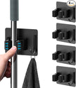 Mop Broom Holder No Drill, Mop Broom Organizer Wall Mounted Heavy Duty with Hooks Hanger, Self Adhesive Stainless Steel 4Pcs for Bathroom, Kitchen, Office (Black)