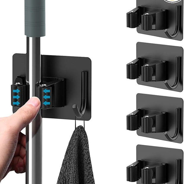 Mop Broom Holder No Drill, Mop Broom Organizer Wall Mounted Heavy Duty with Hooks Hanger, Self Adhesive Stainless Steel 4Pcs for Bathroom, Kitchen, Office (Black)