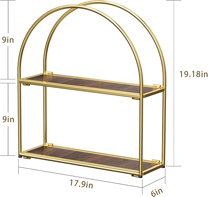 Crofy Gold Arched Frame Wall Shelf, Decorative 2 Tier Bathroom Wall Shelf with Walnut Finish Shelves and Robust Storage Capacity, 6