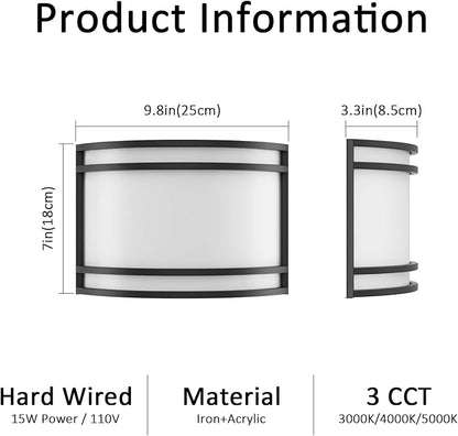 15W LED Indoor Wall Sconce, 3000K/4000K/5000K Color Temperature, Dimmable Modern Indoor Wall Mount Half Cylinder Light Fixture for Hallway Bedroom, Matt Black, 2 Pack