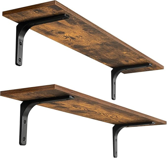 DINZI LVJ Long Wall Shelves, 31.5 Inch Wall Mounted Shelves Set of 2, Easy-to-Install, Wall Storage Ledges with Sturdy Metal Brackets for Living Room, Bathroom, Bedroom, Kitchen, Rustic Brown | Easy-to-Install, Wall Storage Ledges, Living Room, Bathroo...