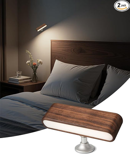 Wood LED Wall Sconce Magnetic 360°Rotate Wall Mounted Lamp Brightness Adjustable Night Lights Rechargeable Battery Powered Reading Light for Bedside Hallway Living Room (1 Pack Black Walnut)