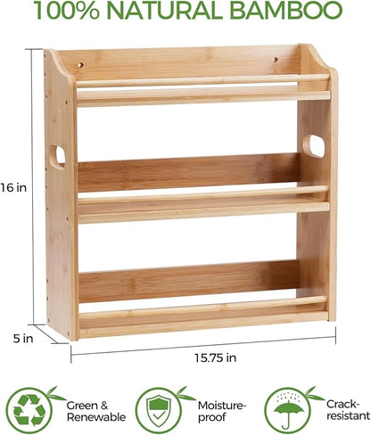 Bamboo Spice Rack Organizer, 3 Tier Spice Jars Storage Rack with Handles, Seasoning Shelf for Kitchen Counter or Wall