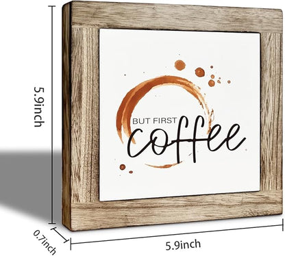 But First Coffee Sign, Funny Home Bar Sign, Rustic Wooden Table Top Decoration Signs, Coffee Decoration for Cafe Bar, for Kitchen Tiered Tray Decor 5.9×5.9 inch