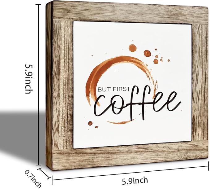 But First Coffee Sign, Funny Home Bar Sign, Rustic Wooden Table Top Decoration Signs, Coffee Decoration for Cafe Bar, for Kitchen Tiered Tray Decor 5.9×5.9 inch