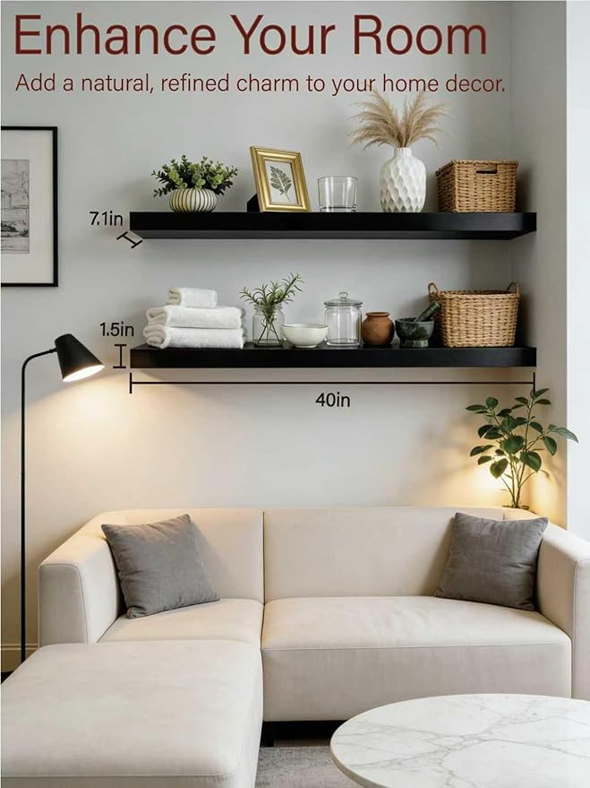 Solid Wood Floating Shelves,40in Finished Real Wood Wall Shelves with Heavy-Duty Hidden Bracket, Easy Installation, Set of 2, 40in x 7.1in x 1.5in, for Living Room Bedroom Kitchen,Black