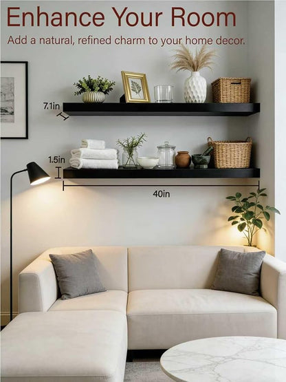 Solid Wood Floating Shelves,40in Finished Real Wood Wall Shelves with Heavy-Duty Hidden Bracket, Easy Installation, Set of 2, 40in x 7.1in x 1.5in, for Living Room Bedroom Kitchen,Black