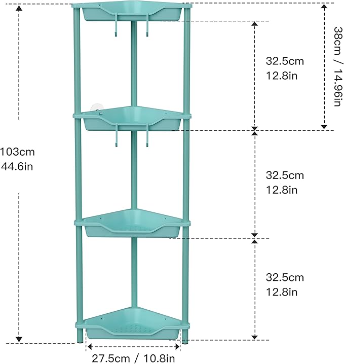 Orimade Rustproof 4 Tier Floor Standing Corner Shower Caddy Organizer, Plastic Metal Splicing Floor Corner Shelf Rack Stands for Bathroom, Blue