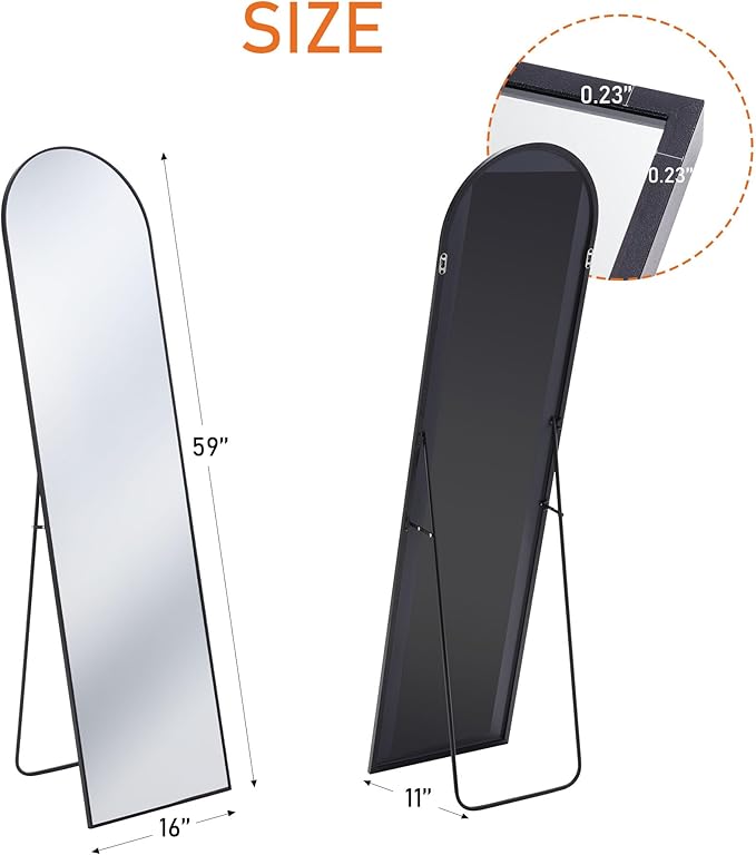 DUMOS Arched Full Length Mirror with Stand Floor Standing Aluminum Frame for Bedroom Body Hanging Leaning Modern Simple Home Decor Shatter-Proorf Nano Glass Wall Cloakroom Natural Black 59