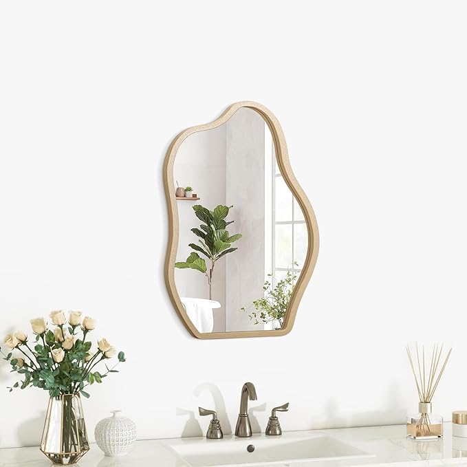 Small Wall Mirror Asymmetrical Irregular Wood Frame Mirrors Modern Unique Wall-Mounted Artistic Cloud Shape Mirror Decor for Bathroom Vanity Bedroom Living Room Entryway Hallway