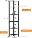 Furnulem 6 Tier Corner Shelf with LED Light, 67.5” Tall Standing Shelf Organizer, Black Narrow Bookshelf with Storage Rack for Wall Corner, Living Room, Bedroom, Metal Frame, Wood Display Shelf