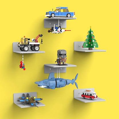 BlissBox 6-Pack Floating Display Shelves for Wall Compatible with Lego Building Bricks, 5 × 5.5 Inch Dual-Sided 16 × 17 Studs for Brick Storage and Display, ABS Display Shelf for Room Decor, Gray
