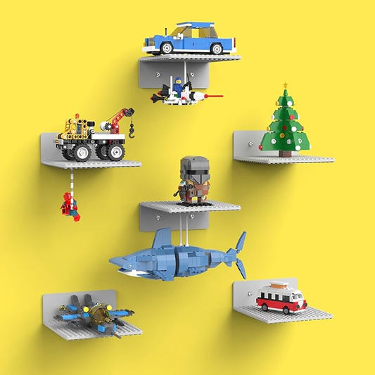 BlissBox 6-Pack Floating Display Shelves for Wall Compatible with Lego Building Bricks, 5 × 5.5 Inch Dual-Sided 16 × 17 Studs for Brick Storage and Display, ABS Display Shelf for Room Decor, Gray