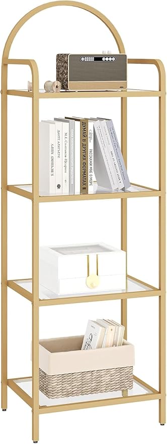 Bookcase Bookshelf, Tempered Glass Bookshelves, Slim Shelving Unit for Bedroom, Bathroom, Home Office, Steel Frame, 4 Tier Gold BC04001G