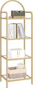 Bookcase Bookshelf, Tempered Glass Bookshelves, Slim Shelving Unit for Bedroom, Bathroom, Home Office, Steel Frame, 4 Tier Gold BC04001G