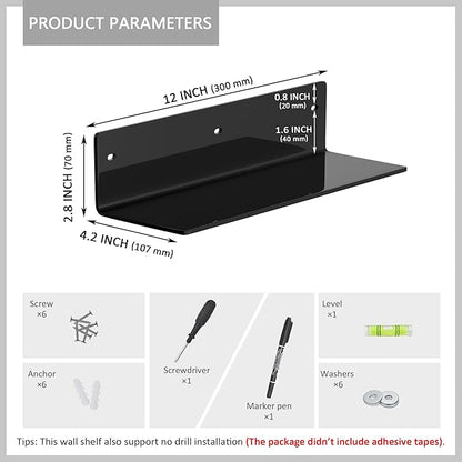 12 Inches Black Wall Shelves Set of 2, Acrylic Bathroom Shelves Wall Mounted for Home Décor, Plants, Cosmetics, Skincare, Moisture-Proof, 4'' Depth, 2 Pack