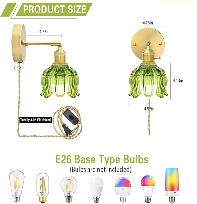 Plug in Wall Sconces Set of 2, Plug in Wall Lamp, Vintage Wall Light with Green Tulip Glass Lampshade, 3-Way Dimmable with Dual Switches, No Wiring Needed for Bedroom Wall Decor and Hallway