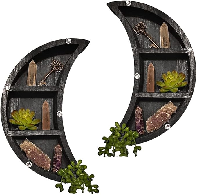 Saycker 2 Pcs Moon Shelves, Wooden Crescents Moon Shelf for Crystal Display, Wall Mounted Moon Shelf Wall Decor, Crystal Display Shelf Floating Shelves, Moon Decor for Living Room(Black)
