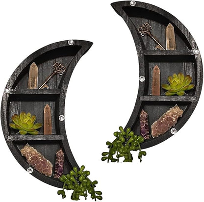 Saycker 2 Pcs Moon Shelves, Wooden Crescents Moon Shelf for Crystal Display, Wall Mounted Moon Shelf Wall Decor, Crystal Display Shelf Floating Shelves, Moon Decor for Living Room(Black)