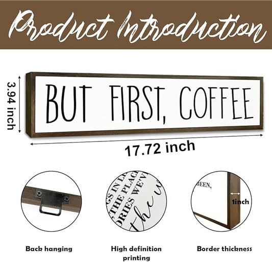 Coffee Signs for Coffees Station Decor, Farmhouse Table Shelf Decoration, Wall Art for Home Office Kitchen, Rustic Wooden Hanging Sign, But First Coffee Signs, 17.8x4x1.2 inches