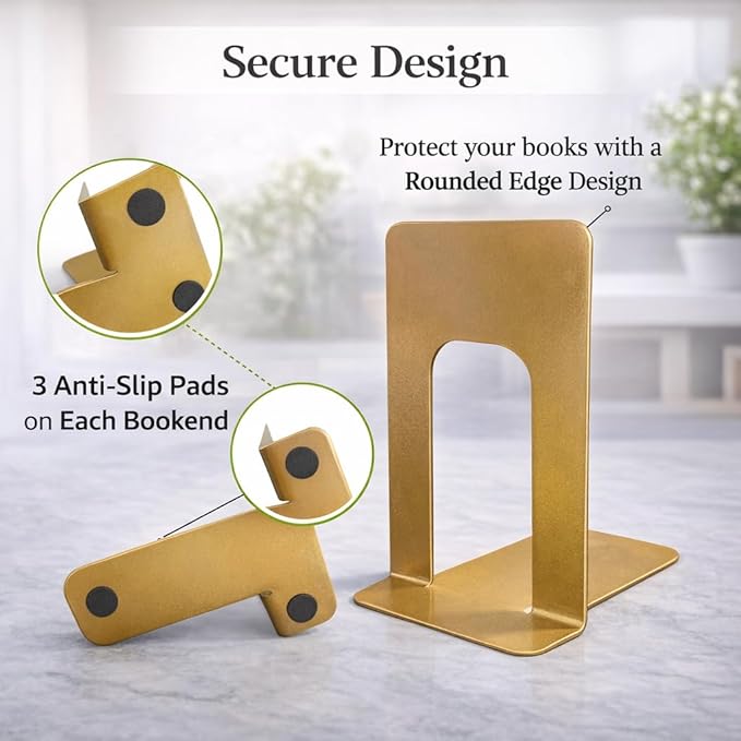 Alessk 6 Pieces Dark Matte Gold Bookends for Shelves, Heavy Duty Metal Bookends Supports Heavy Books, Decorative Gold Stops for Home or Office Decoration - 3 Pairs.