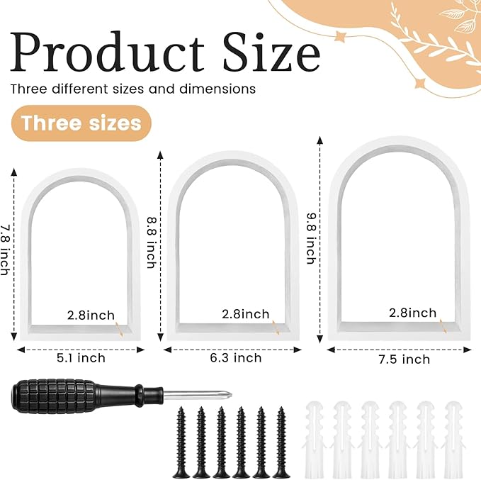3 Set Wall Shelf 9.8 x 7.1 Inch Wooden Hanging Shelf Deep Display Storage Shelves Floating Shelves for Home Office Room Mini Figures Potted Plants Wall Decor(Arched,White)