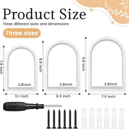 3 Set Wall Shelf 9.8 x 7.1 Inch Wooden Hanging Shelf Deep Display Storage Shelves Floating Shelves for Home Office Room Mini Figures Potted Plants Wall Decor(Arched,White)