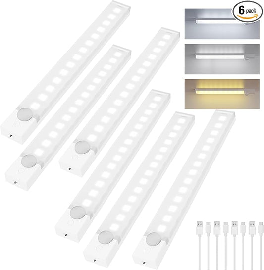 Under Cabinet Lighting 8 Inch 6-Pack, Rechargeable Motion Sensor Light Indoor, Dimmable Closet Lights 3 Color Temps, Wireless Under Counter Lights for Kitchen, Stairs