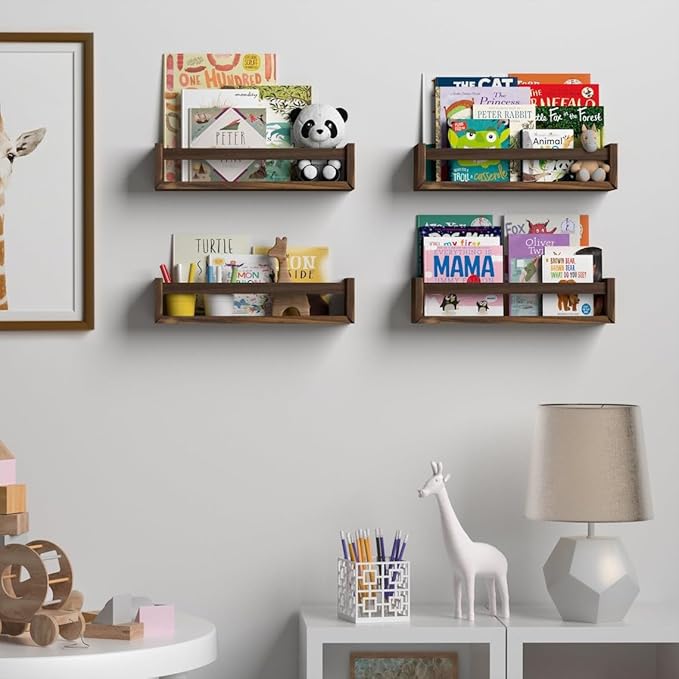 4 Pcs Nursery Book Shelves, 16.5 Inch Floating Bookshelves for Wall, Versatile Wall-Mounted Nursery Bookshelf, Solid Wood Floating Shelves for Books, Toys and Decor Storage
