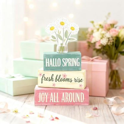 Spring Decoration Wooden Tiered Tray Decor – Rustic Hallo Spring Stacked Block Sign with Daisy Flower Topper – Farmhouse Tabletop Spring Decor for Living Room Shelf Kitchen Coffee Bar Seasonal Home Display