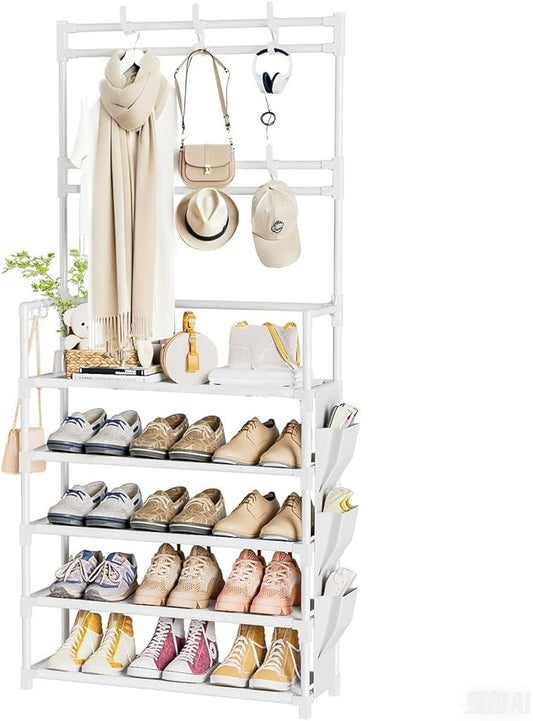 OYREL Shoe Rack 5 Tier Shoe Organizer Storage 15-20 Pairs Shoes Rack for Closet Entrance Shoe Rack Organizer with Hooks and Side Pocket Entryway Shoe Holder Space Saving Free Standing Shoe Racks