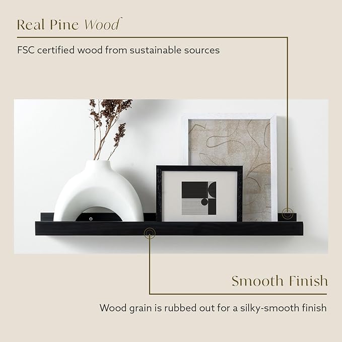 (24 in | 61 cm) Black Pine Wood Wall Mounted Floating Picture Ledge Shelf | Ideal for Bedroom, Kitchen, Bathroom, Office, Easy Installation, Mounting Hardware Included