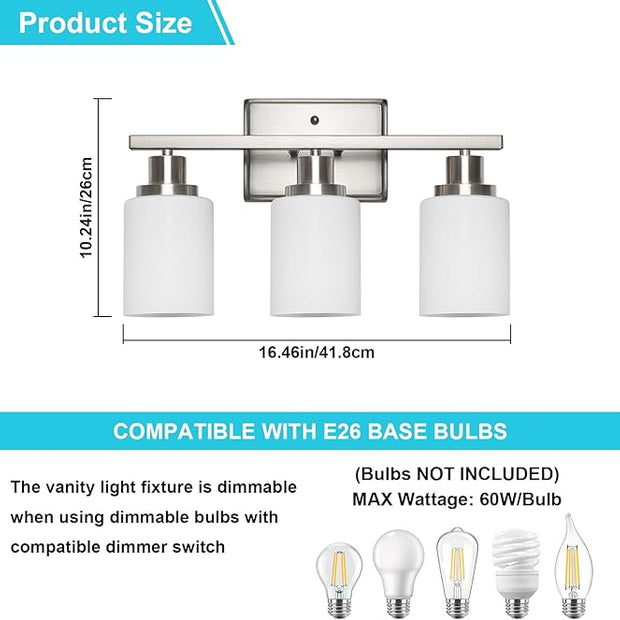 Ascher Bathroom Light Fixtures, 3-Light Vanity Light Over Mirror, Modern Brushed Nickel Wall Sconces with Milky White Shades, Wall Lamp for Kitchen Hallway Cabinet Porch E26 Base