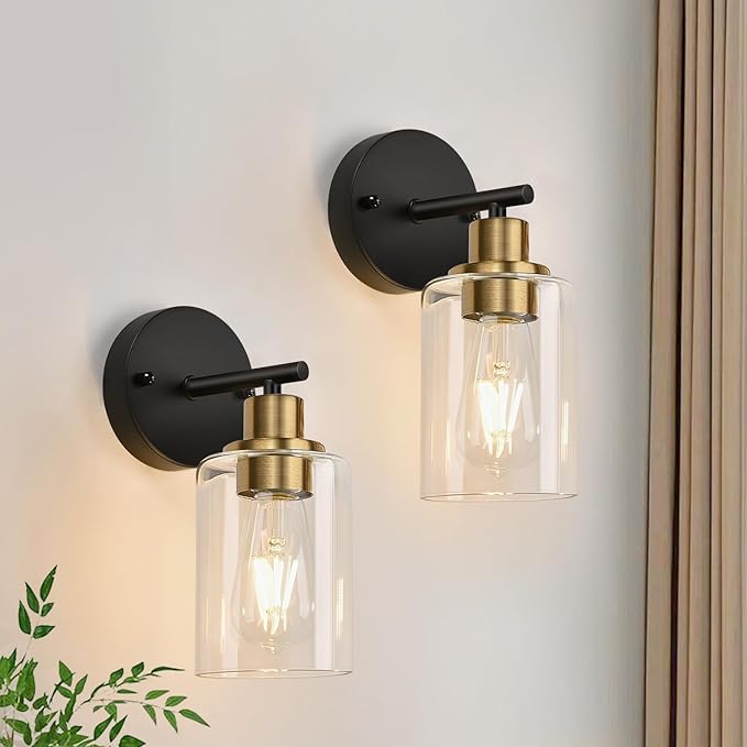 Set of 2 Wall Sconces for Bathroom, Black and Gold Modern Vanity Lights with Clear Glass Shade,Bathroom Wall Lamp for Mirror Kitchen Living Room Hallway Cabinet Porch