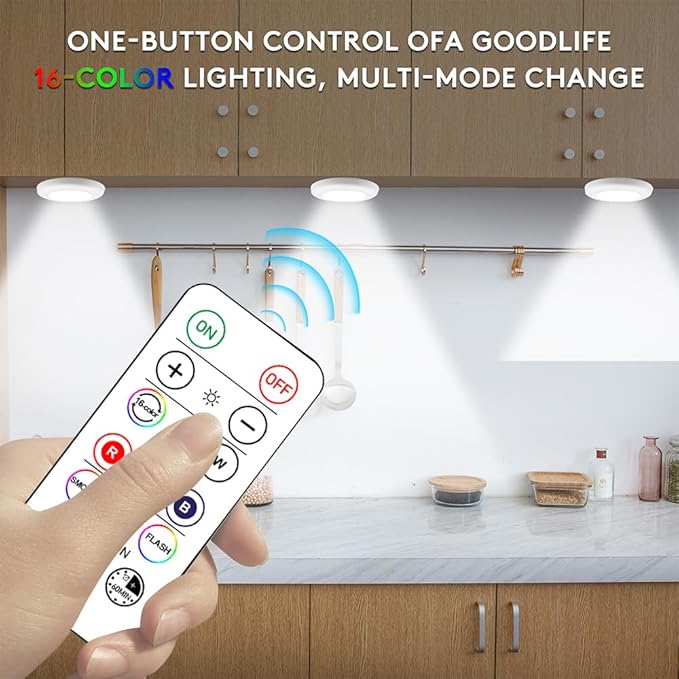 Wireless 16 Color Changing LED Puck Light 3 Pack LED Under Cabinet Lighting Closet Light Battery Powered Night Lights with Remote Control Dimmer & Timing Function