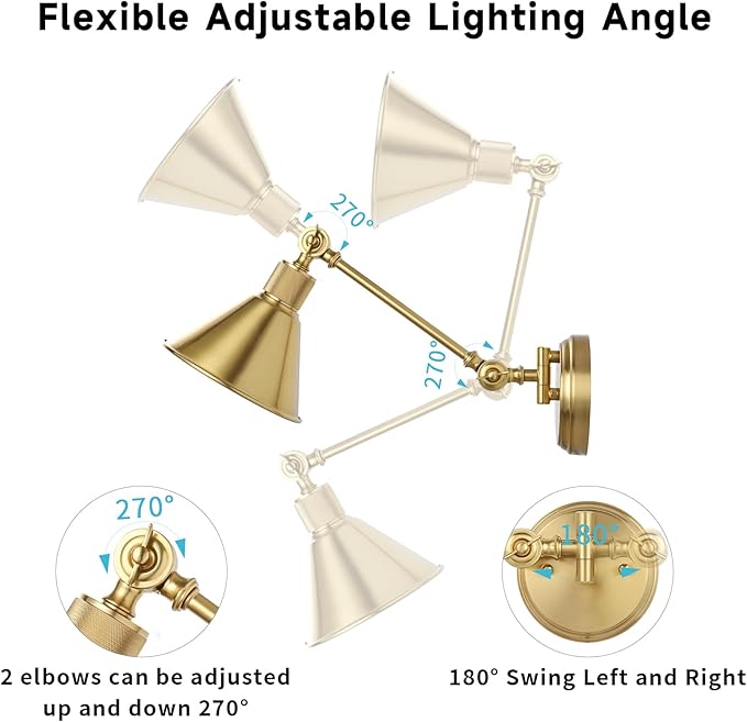 TRLIFE Rechargeable Battery Operated Wall Sconces, Dimmable and Adjustable Color Temperature Wireless Wall Sconces Set of 2 with Remote Control, Gold Swing Arm Wall Light for Bedroom Bedside Hallway