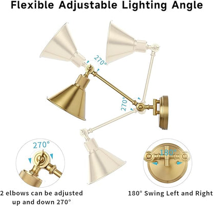 TRLIFE Rechargeable Battery Operated Wall Sconces, Dimmable and Adjustable Color Temperature Wireless Wall Sconces Set of 2 with Remote Control, Gold Swing Arm Wall Light for Bedroom Bedside Hallway