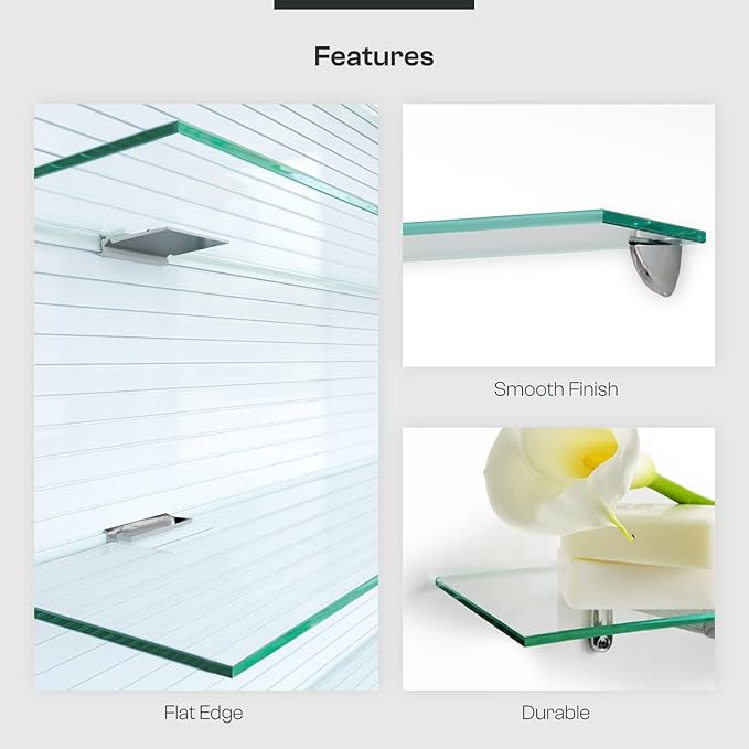 Fab Glass and Mirror 10" X 48" Rectangle Floating Shelf with Chrome Brackets Glass Shelves, Clear