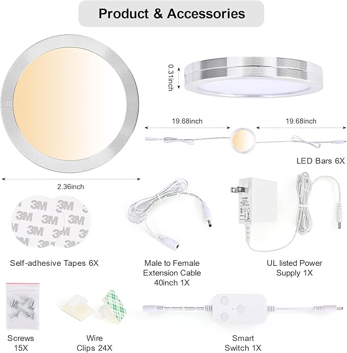 6pack LED Puck Light Kit, 2700-6000K Smart Round Under Cabinet Lighting with APP Control, Compatible with Alexa, Google Assistant, for Under Counter, Kitchen (Silver)
