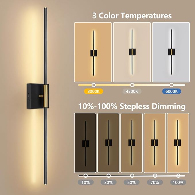 Battery Operated Wall Sconces Set of Two - Wireless Rechargeable Wall Light with Remote - Black Gold LED Wall Lamp Dimmable Modern Home Decor for Bedroom Living Room 31.5 Inch (2 Pack)