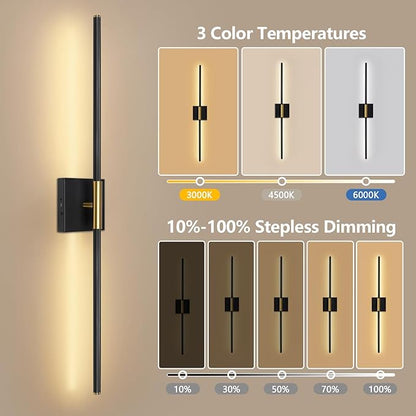 Battery Operated Wall Sconces Set of Two - Wireless Rechargeable Wall Light with Remote - Black Gold LED Wall Lamp Dimmable Modern Home Decor for Bedroom Living Room 31.5 Inch (2 Pack)