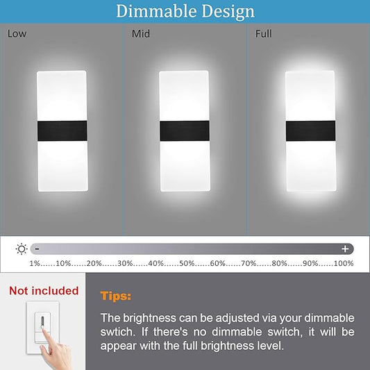 Lightess Modern Wall Sconce Dimmable Sconce Wall Lighting 12W Black Indoor Wall Lamp Acrylic Wall Mounted Lighting Fixture for Bedroom Living Room Hallway, Cool White
