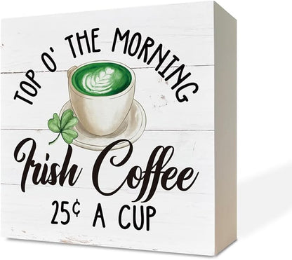 St. Patrick's Day Decor, Wooden Box Sign Desk Decor, White Wood Box Sign, Irish Coffee Sign, Kitchen Decor for Table Shelf, Farmhouse Decor for Irish Coffee Bar, Coffee Lover Home Decor