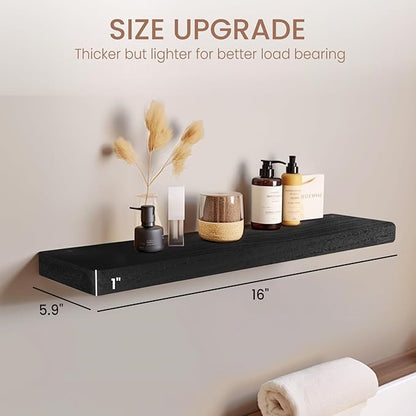 Floating Shelves 16 in, Set of 3 Solid Rustic Wood Wall Mounted Shelves, Wall Picture Ledge Shelf with Invisible Metal Brackets for Living Room, Bedroom, Bathroom, Black