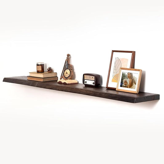 fuqing Live Edge Floating Shelves for Wall 72 Inch - 9 Inch Deep Rustic Solid Elm Wood Floating Wall Shelves - Natural Wooden Shelves with Heavy Duty Brackets and Anchors