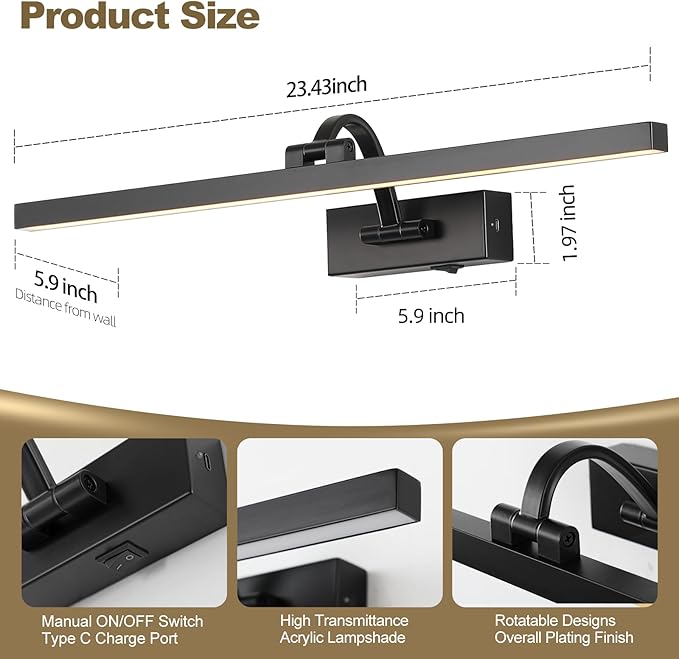 Wireless Picture Lights for Wall,23.5 Inch Black Art Light for Paintings,Battery Operated Picture Lights with Remote Control,Dimmable Rechargeable Art Lamps for Picture Frame,Gallery