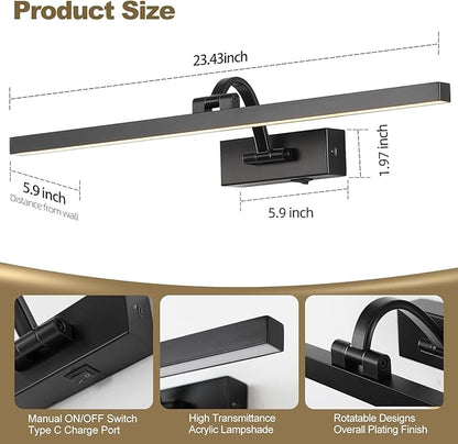 Wireless Picture Lights for Wall,23.5 Inch Black Art Light for Paintings,Battery Operated Picture Lights with Remote Control,Dimmable Rechargeable Art Lamps for Picture Frame,Gallery